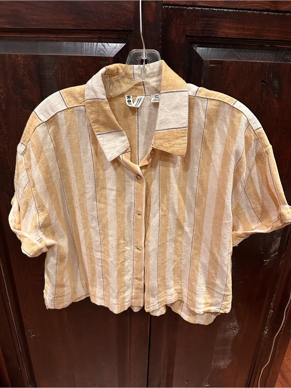 Roxy Yellow and White Striped Button-Down Crop Shirt